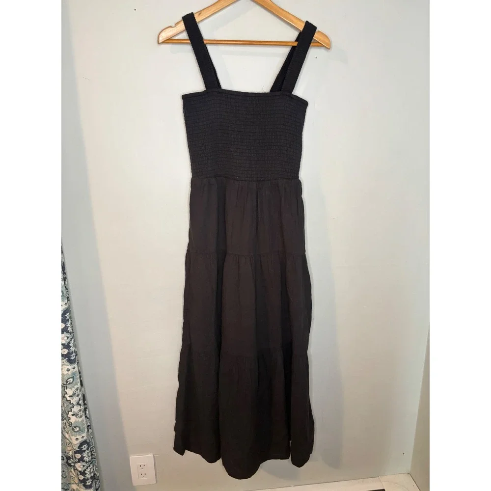 Quince Organic Cotton Gauze Smocked Maxi Dress Black Small